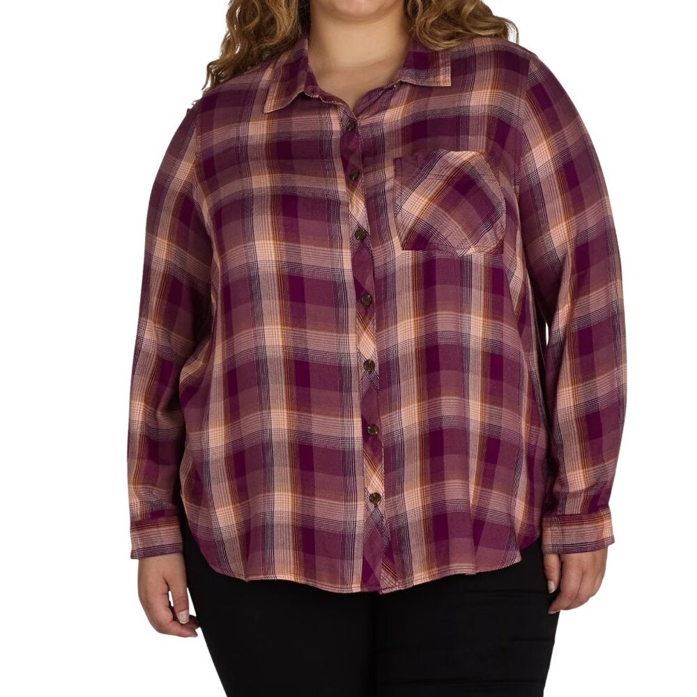 Terra & Sky Women's Plus Button Down Shirt Plaid Long Sleeve Size 1X, 2X Purple - Picture 2 of 12